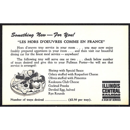 Illinois Central Railroad "Les Hors D'oeuvres Comme En France" Pullman Car Card
