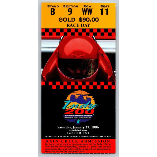 1996 Indy 200 Walt Disney World Ticket Stub - Inaugural Race - Seat 11
