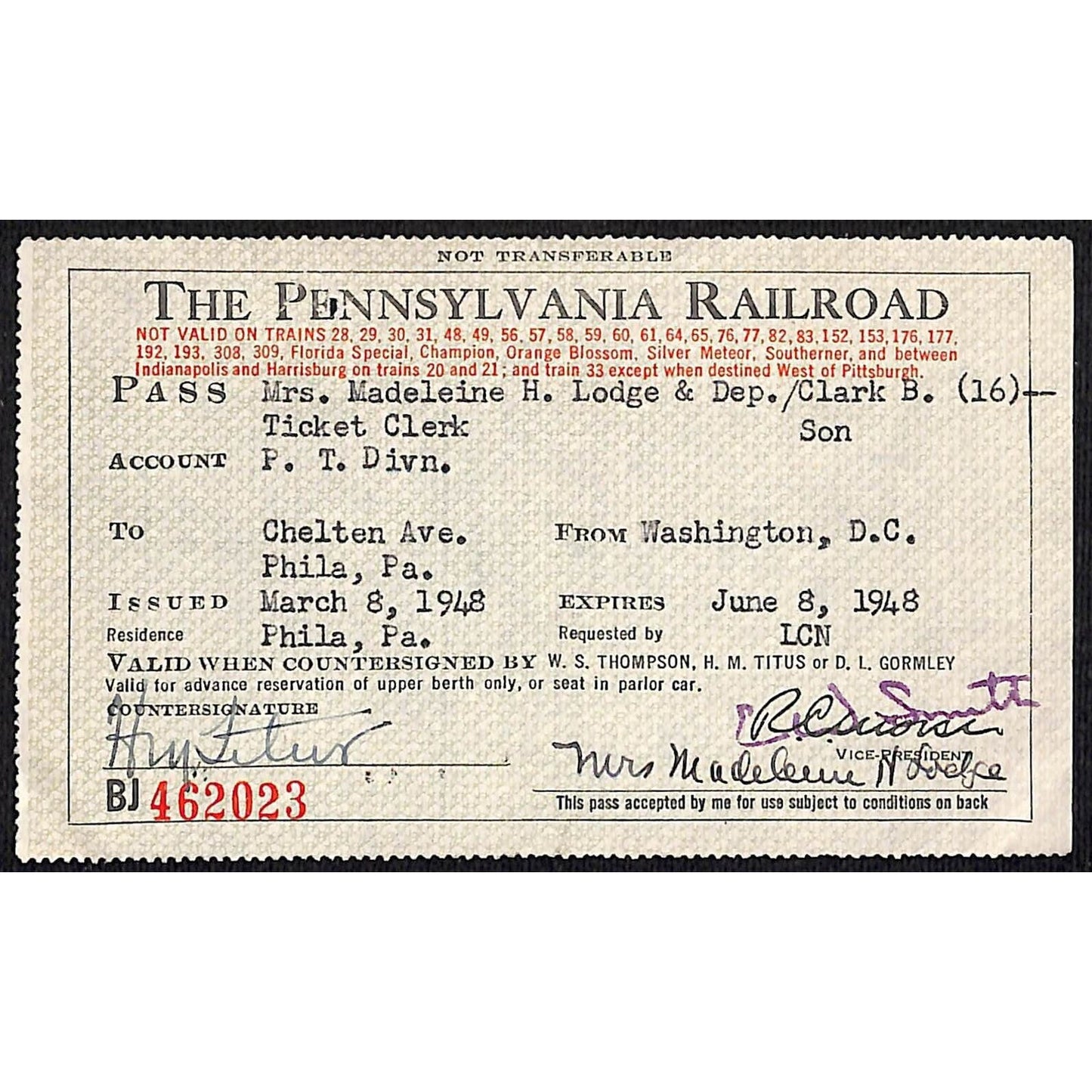 1948 Pennsylvania Railroad Pass / Ticket Washington, DC Philadelphia