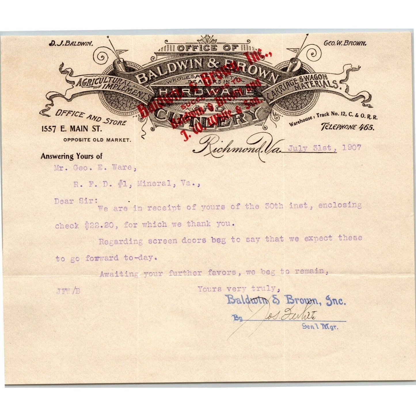 Baldwin & Brown Carriage & Wagon Richmond, VA Letterhead o Geo. E. Wear 1907