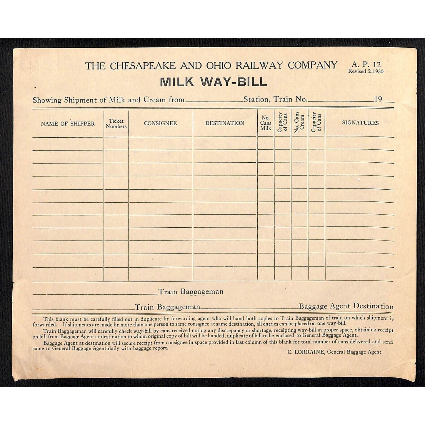 Chesapeake and Ohio Railway "Milk Way-Bill" Unused form c1930's VGC