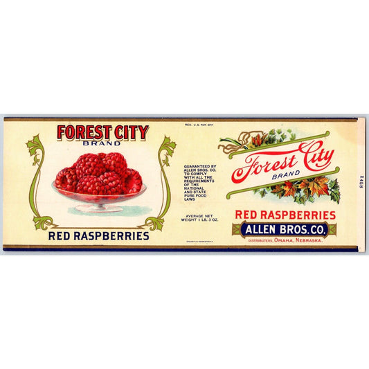 Forest City Red Raspberries Paper Can Label Omaha, NE NOS VGC c1920's-30's