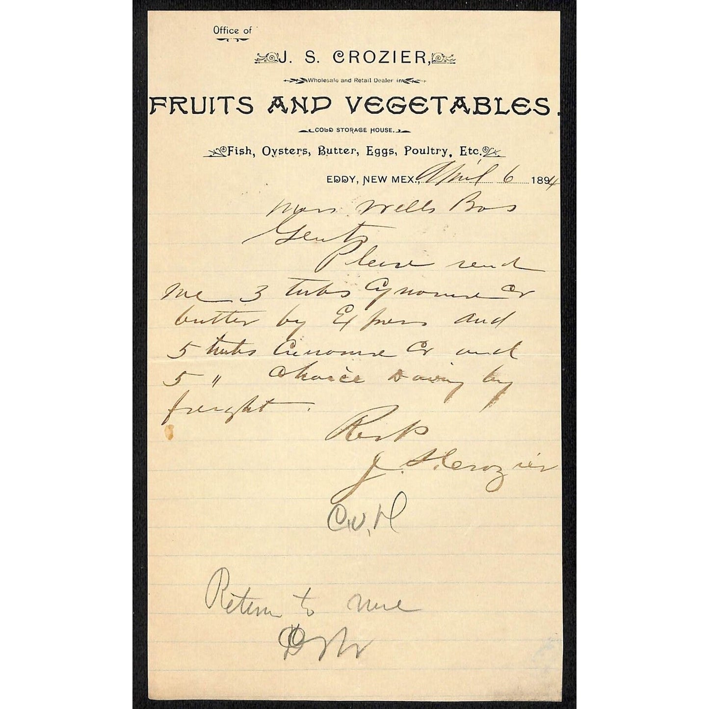 Eddy, NM J.S. Crozier Fruit & Vegetables "Cold Storage House" 1894 Billhead