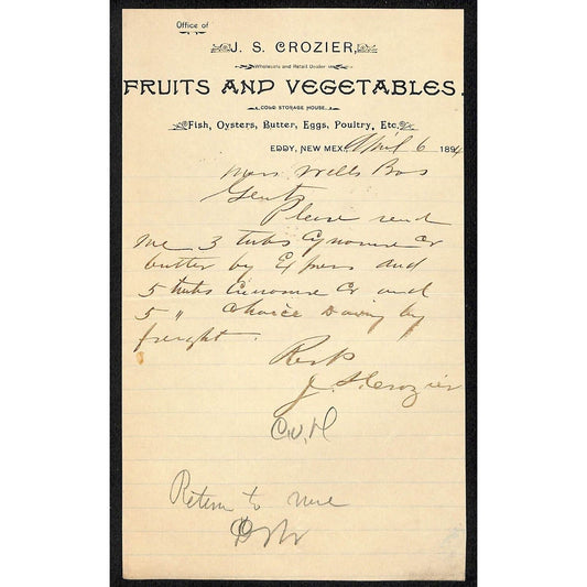 Eddy, NM J.S. Crozier Fruit & Vegetables "Cold Storage House" 1894 Billhead