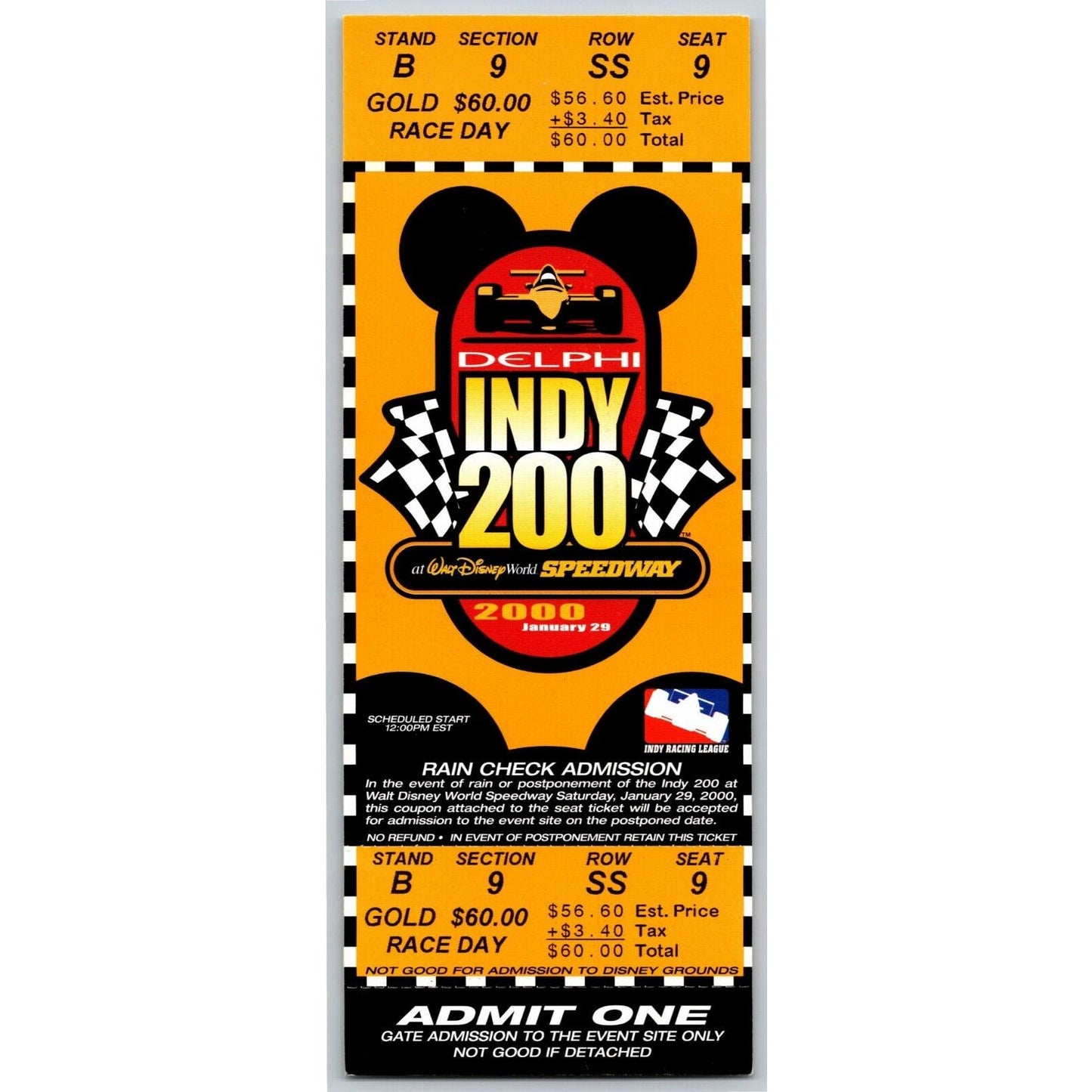 2000 Indy 200 Walt Disney World Speedway Unused Ticket - Seat 9