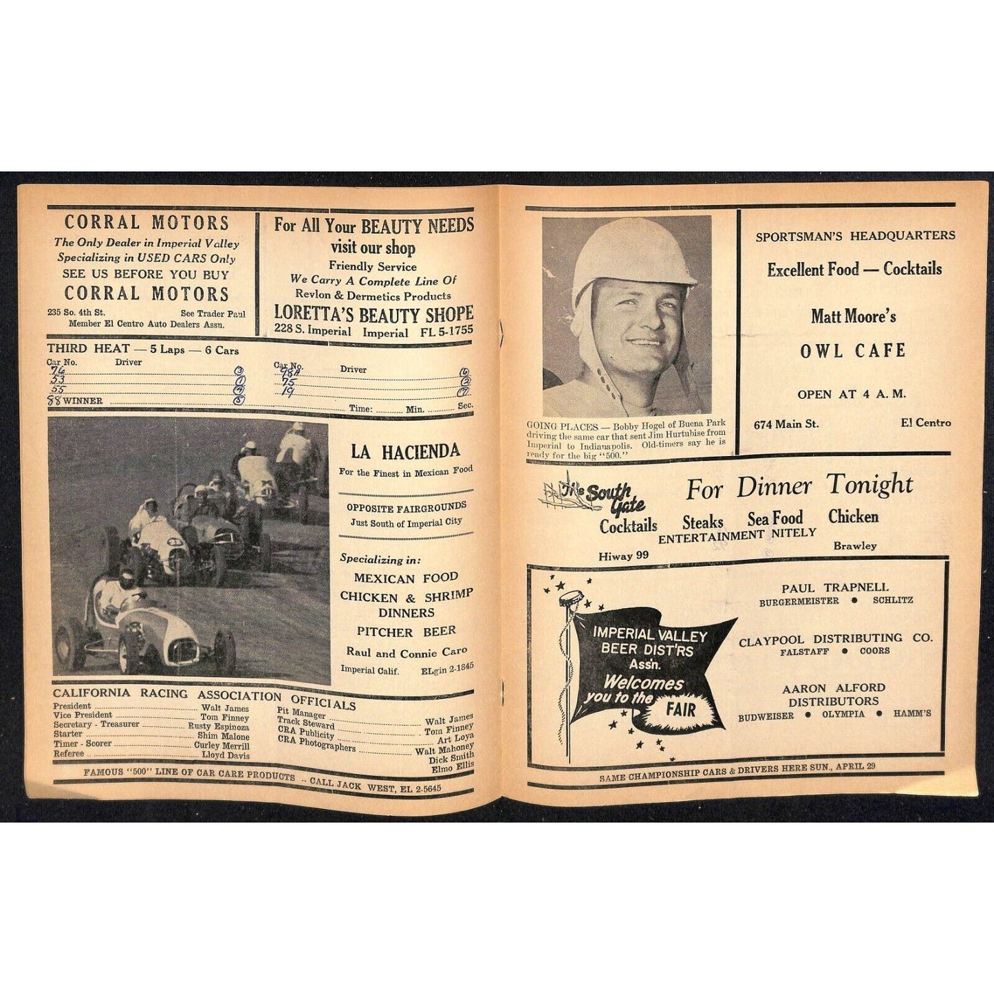 Scarce Mar 11 1962 California Auto Racing CRA Program Big Car El Centro 12pp.