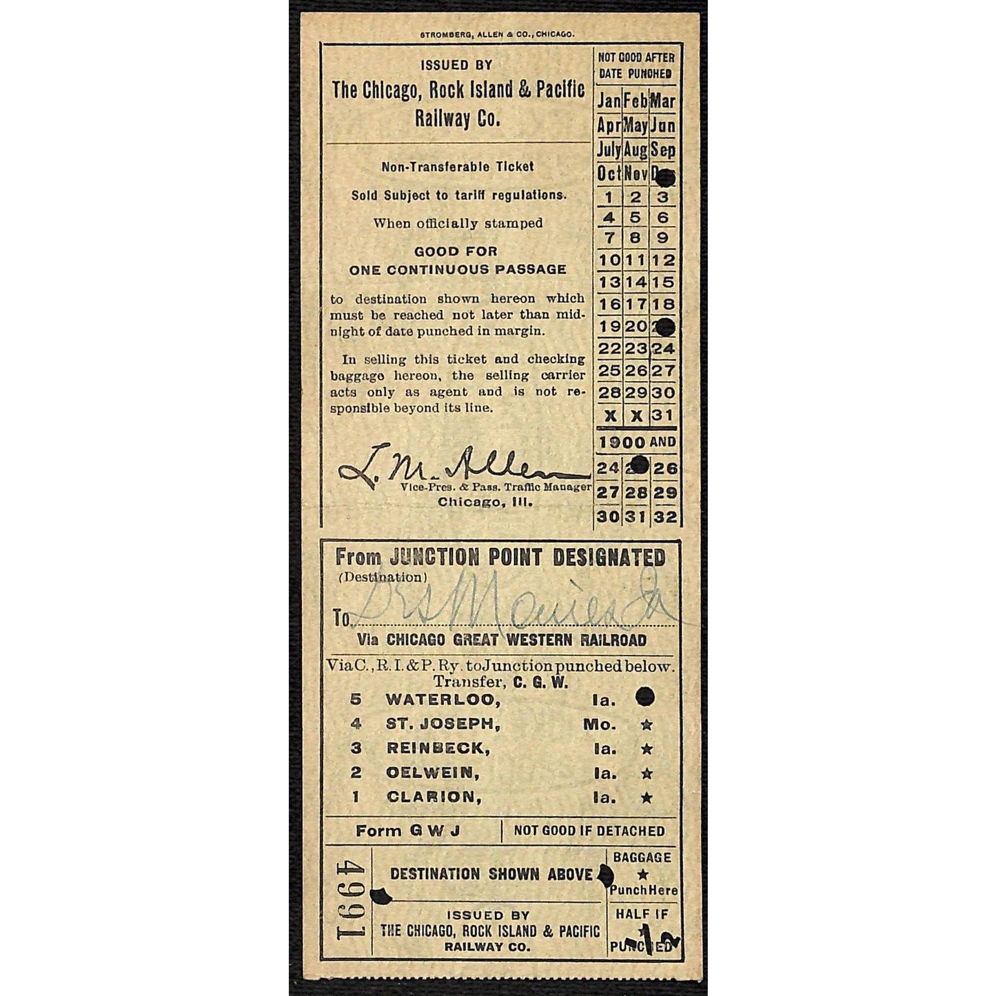 1925 Chicago, Rock Island & Pacific Railway Co. Ticket DesMoines VGC