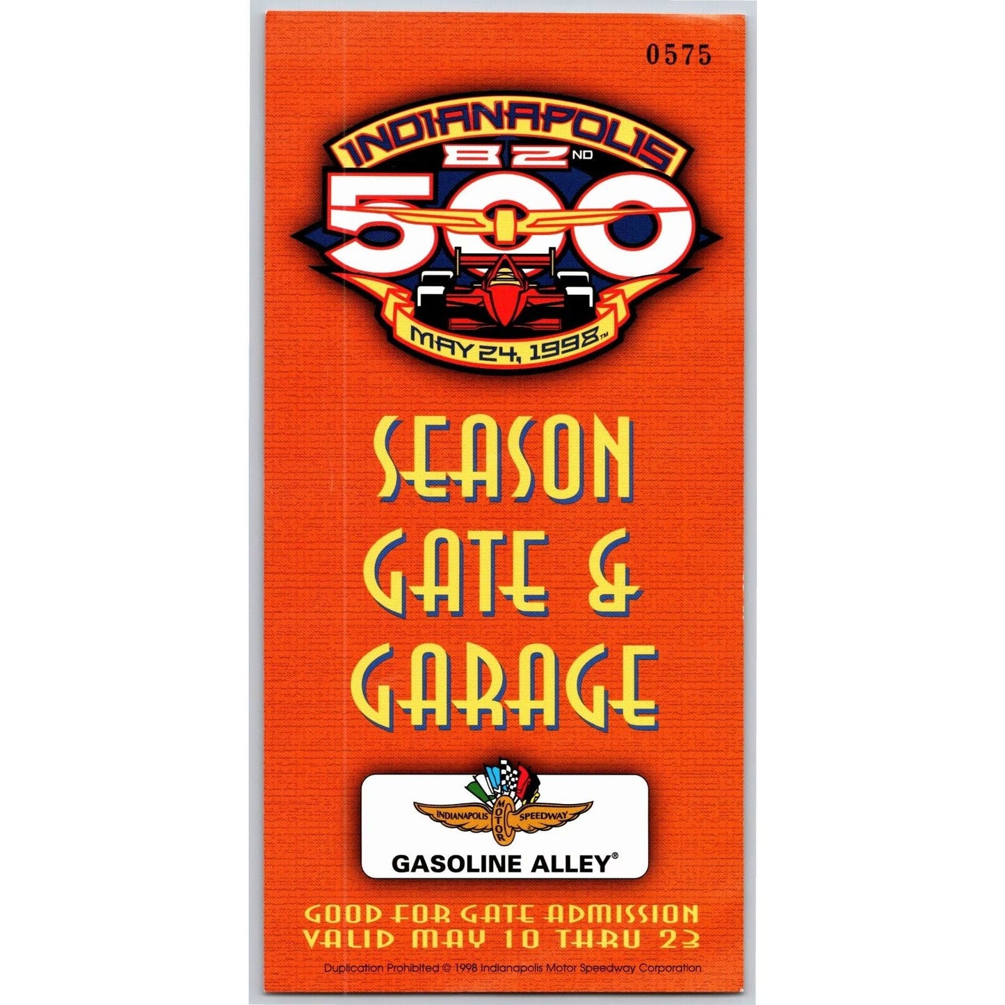 1998 Indy 500 Season Garage / Gasoline Alley Pass Indianapolis IMS VGC #0575
