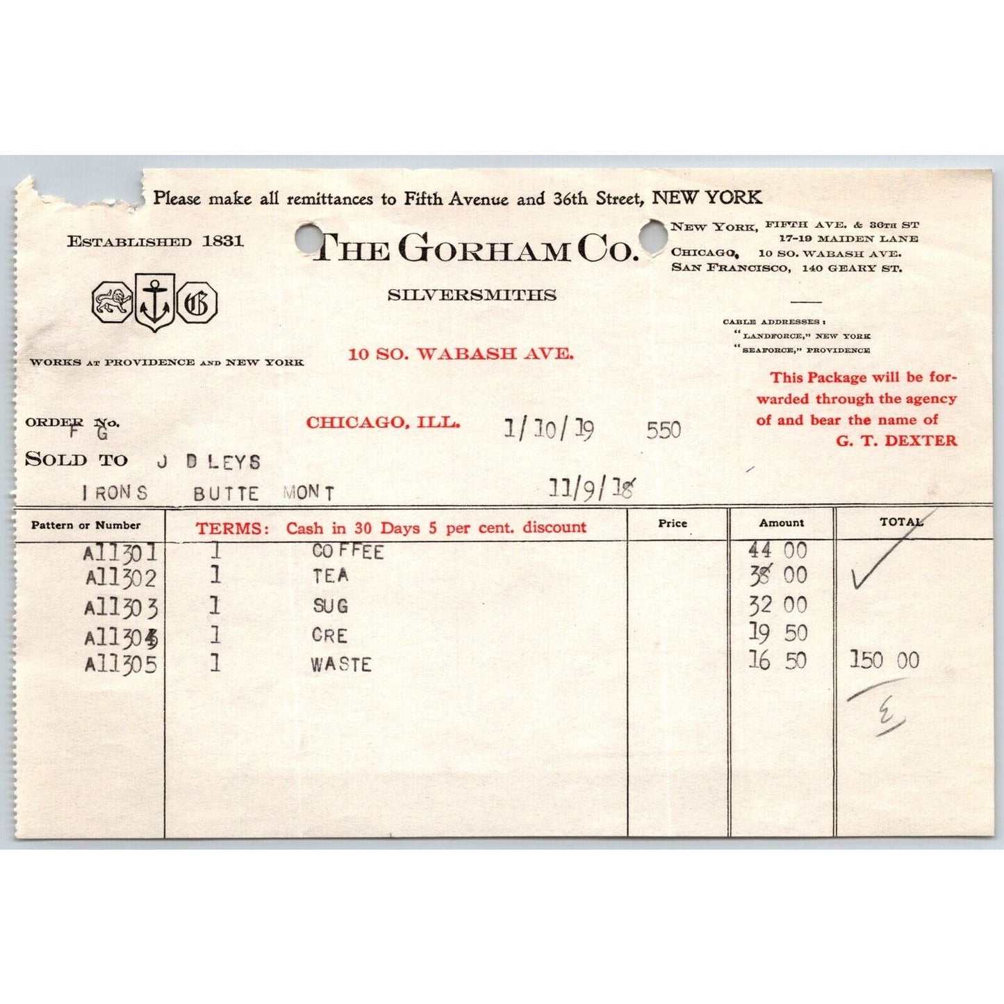 Gorham Silversmiths Chicago "Leys" Jewelers Butte, MT 1919 $150 Billhead