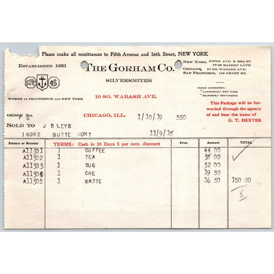 Gorham Silversmiths Chicago "Leys" Jewelers Butte, MT 1919 $150 Billhead