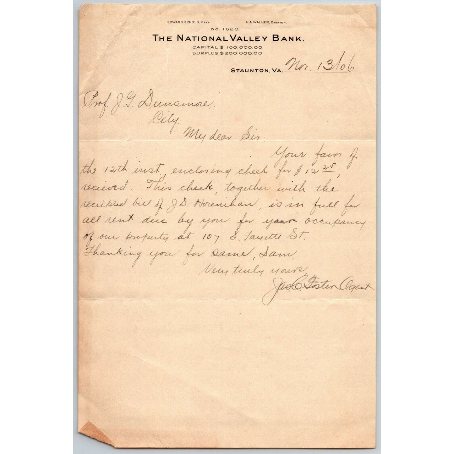 1906 Scarce National Valley Bank Staunton, VA Letterhead Billhead