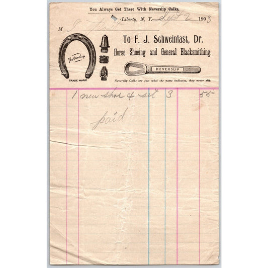 Liberty, NY F.J. Schweinfast Horse Shoeing & Blacksmithing Sept 2 1903 Billhead