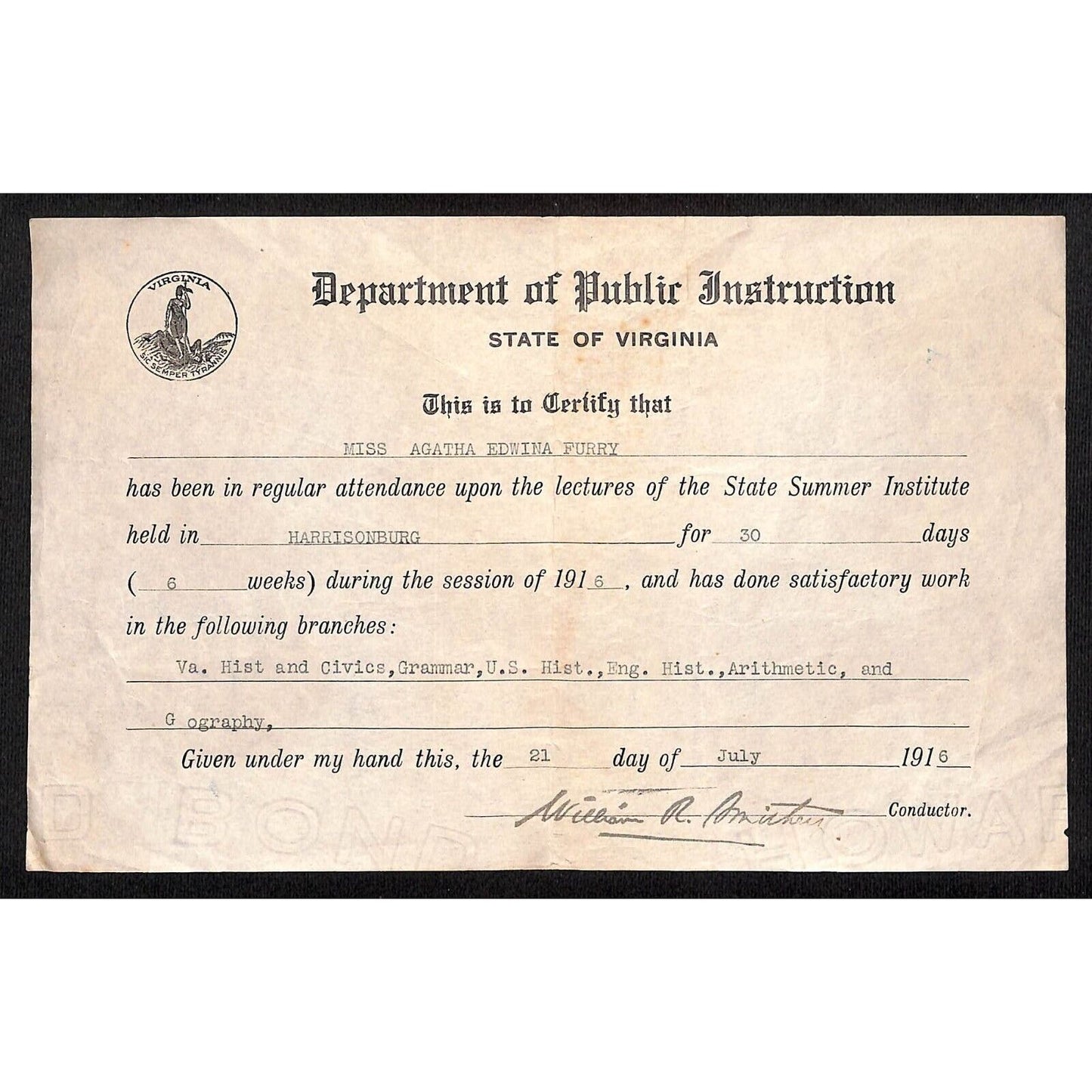 1916 Virginia State Dept. of Public Instruction "Summer Institute" Certificate
