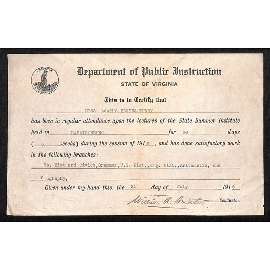 1916 Virginia State Dept. of Public Instruction "Summer Institute" Certificate