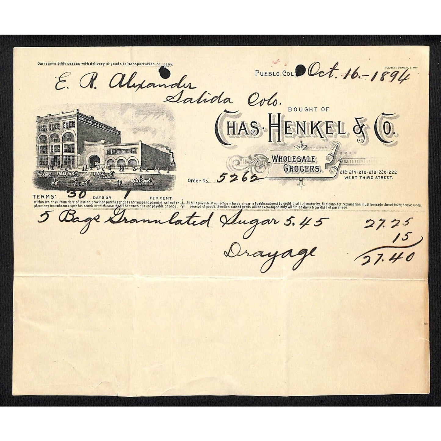 Pueblo, CO Chas. Henkel & Co. Grocers 1894 Billhead Sugar Building Vignette