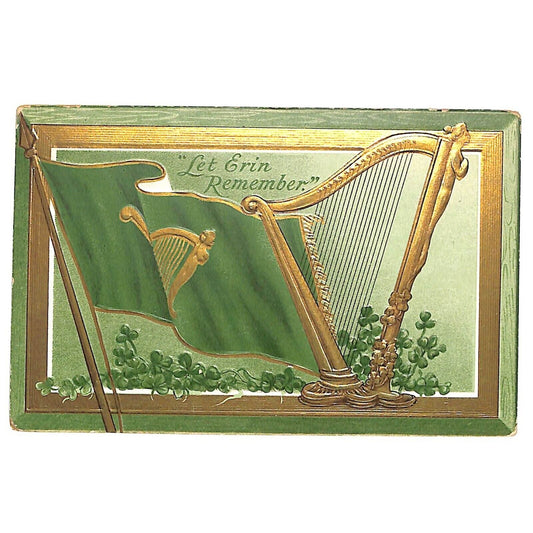 Ireland Postcard "Erin Go Bragh" Harp Flag Clovers Gilt Embossed PM 1914