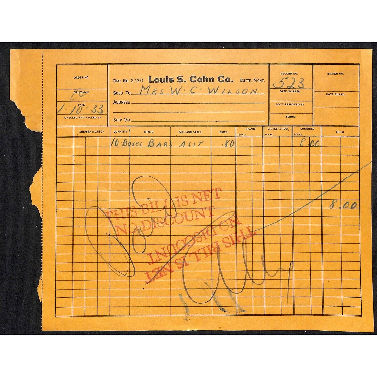 Louis S. Cohn Co.. Butte Montana 1933 Billhead Letterhead - Wilson Drug