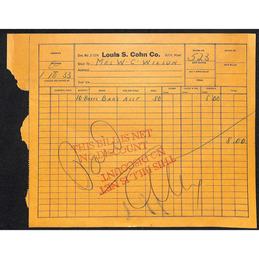 Louis S. Cohn Co.. Butte Montana 1933 Billhead Letterhead - Wilson Drug