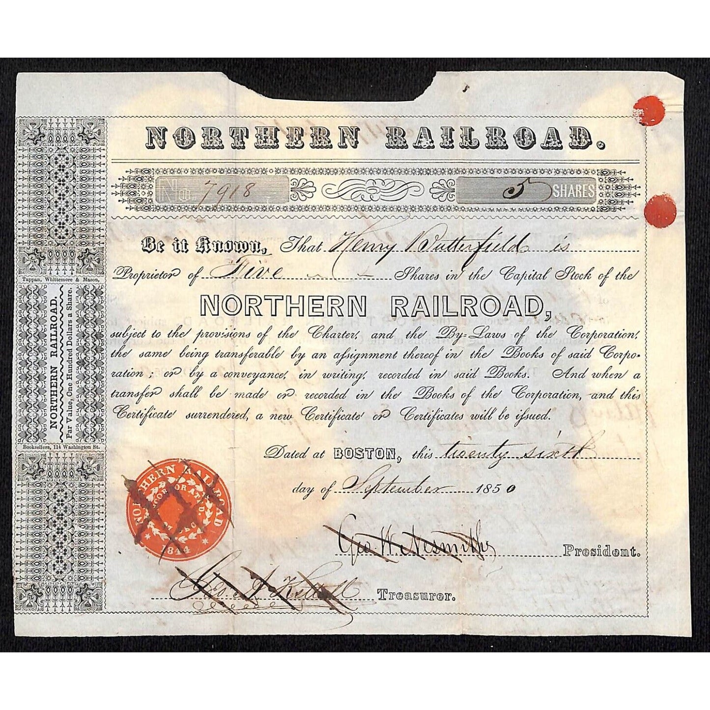 1850 Boston, MA Northern Railroad Stock Certificate No. 7918 for 5 Shares