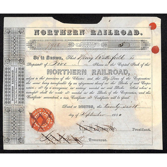 1850 Boston, MA Northern Railroad Stock Certificate No. 7918 for 5 Shares