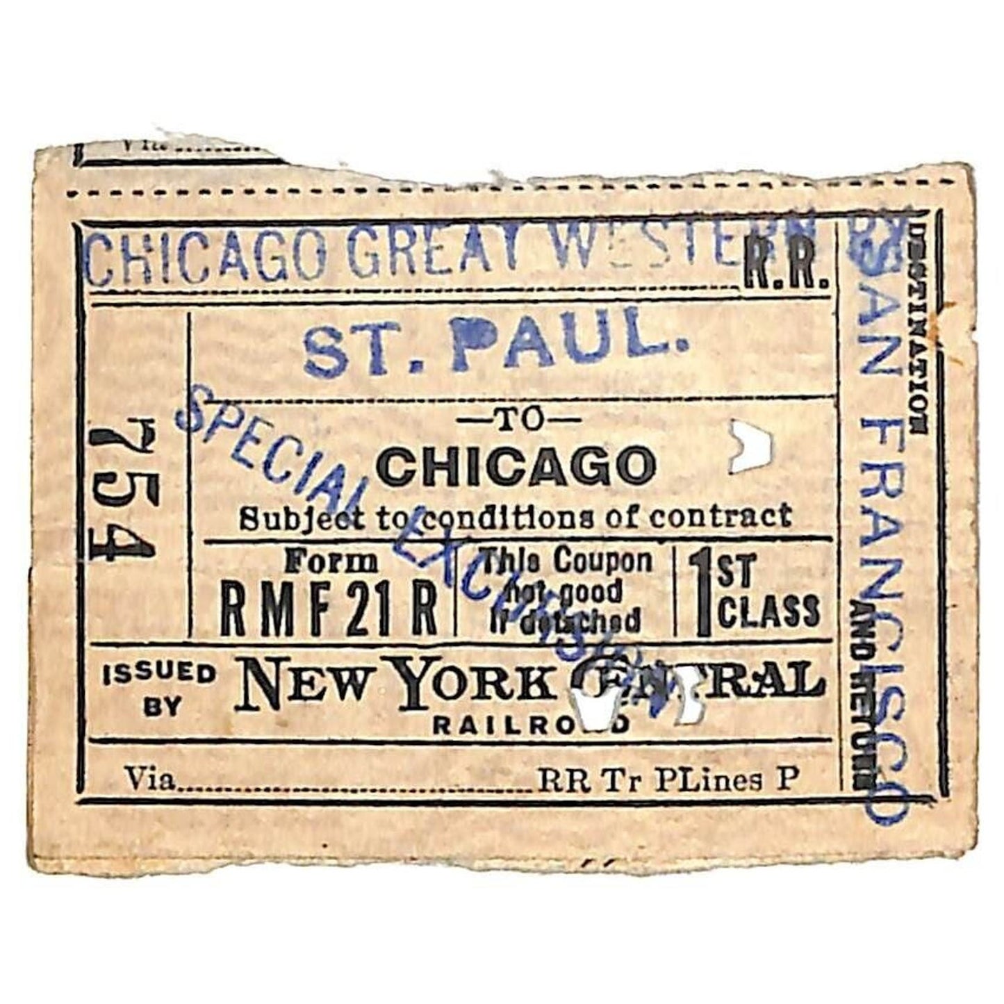 New York Central Railroad Ticket 1915 St. Paul to Chicago "Special Excursion"