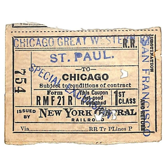 New York Central Railroad Ticket 1915 St. Paul to Chicago "Special Excursion"