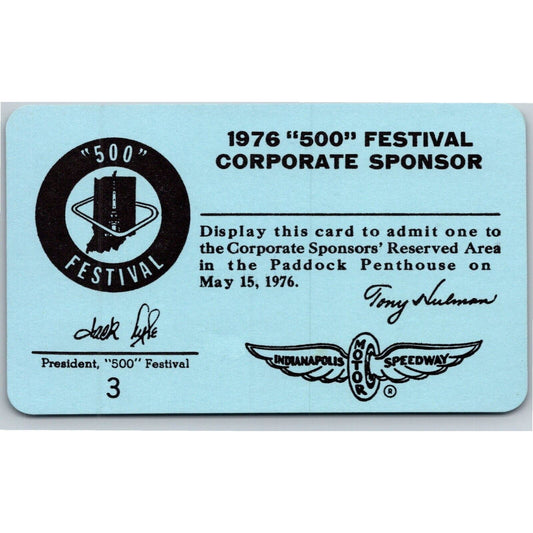 1976 Indy "500 Festival" Corporate Sponsor Penthouse Ticket Pass Card IMS #3 VGC