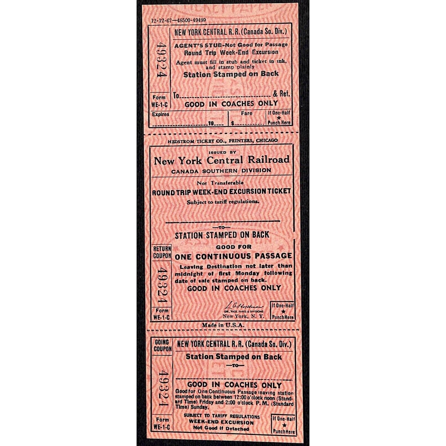New York Central Railroad RR Canada Unused SAMPLE Excursion Ticket c1967 #49324