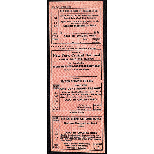 New York Central Railroad RR Canada Unused SAMPLE Excursion Ticket c1967 #49324