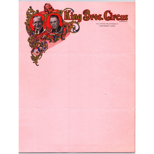 King Bros. Circus Letterhead Cincinnati Lion Tiger Gold Ink c1956