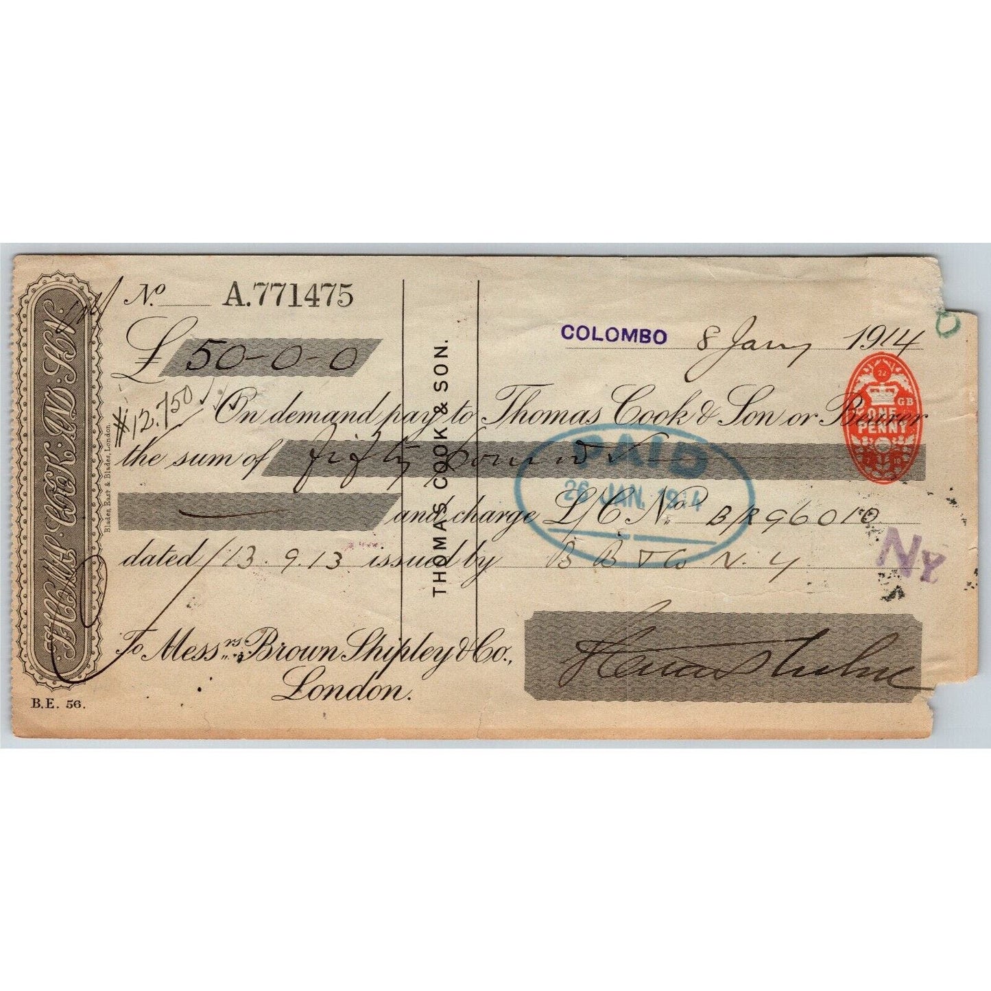 1914 Brown & Shipley Co. London / Thomas Cook & Son Bank Check w/ Tax Stamps