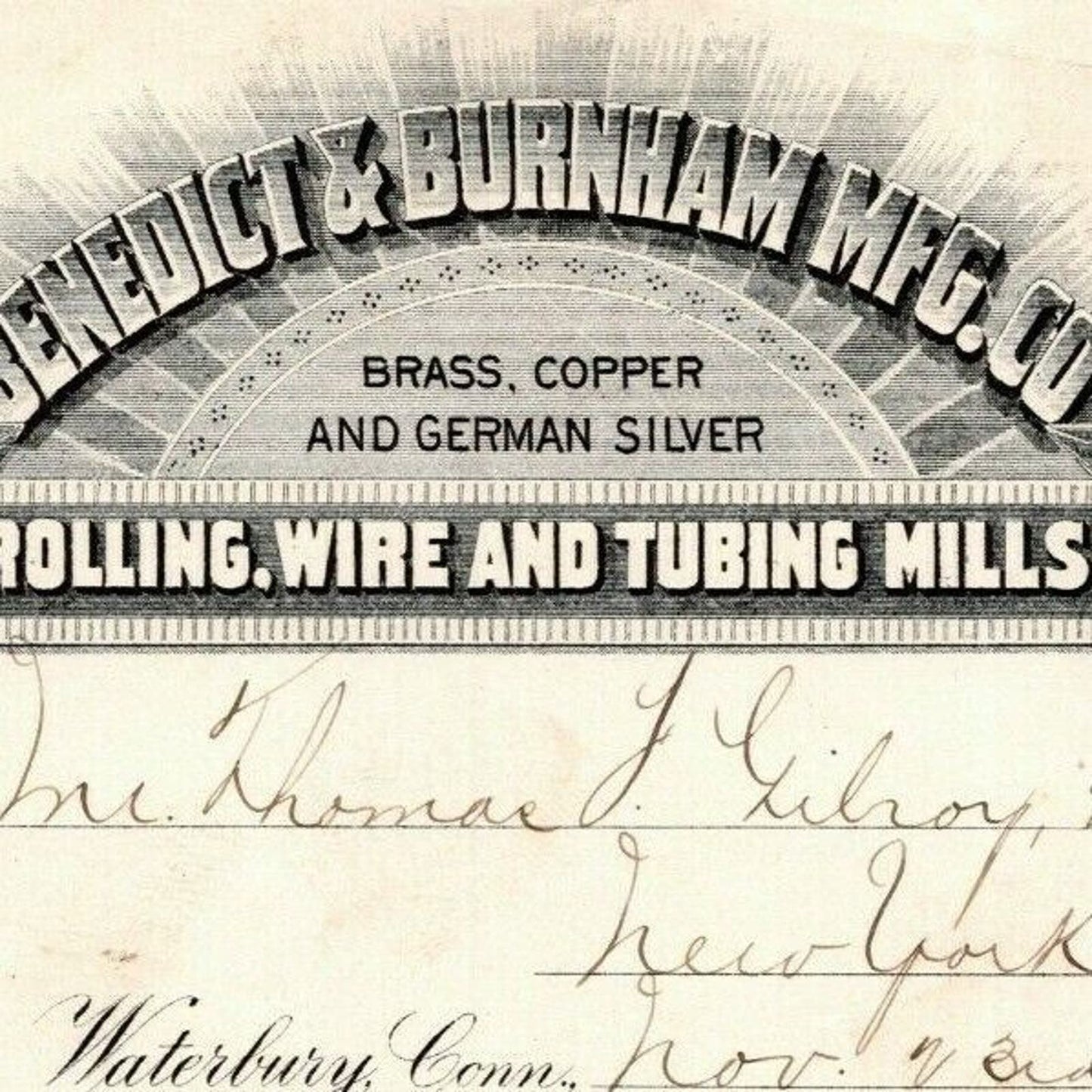 1887 "Benedict & Burnham Mfg. Co" Tubing Mills Billhead Letterhead Waterbury CT