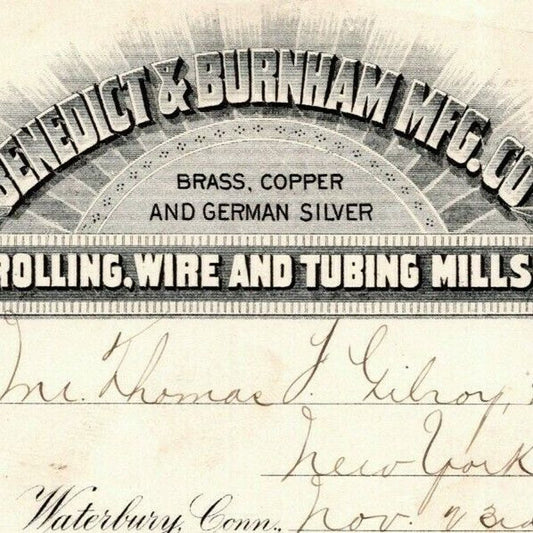 1887 "Benedict & Burnham Mfg. Co" Tubing Mills Billhead Letterhead Waterbury CT