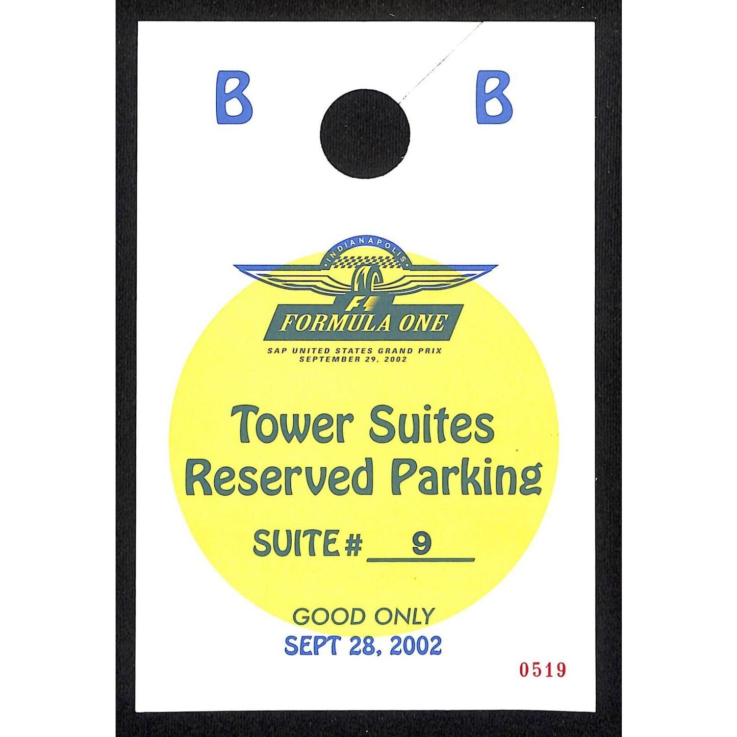2002 Grand Prix IMS F1 Large Hanging Tower Suites Parking Pass #0519