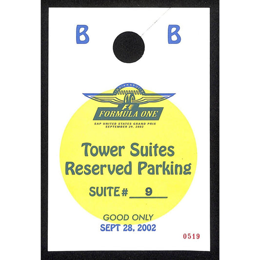 2002 Grand Prix IMS F1 Large Hanging Tower Suites Parking Pass #0519