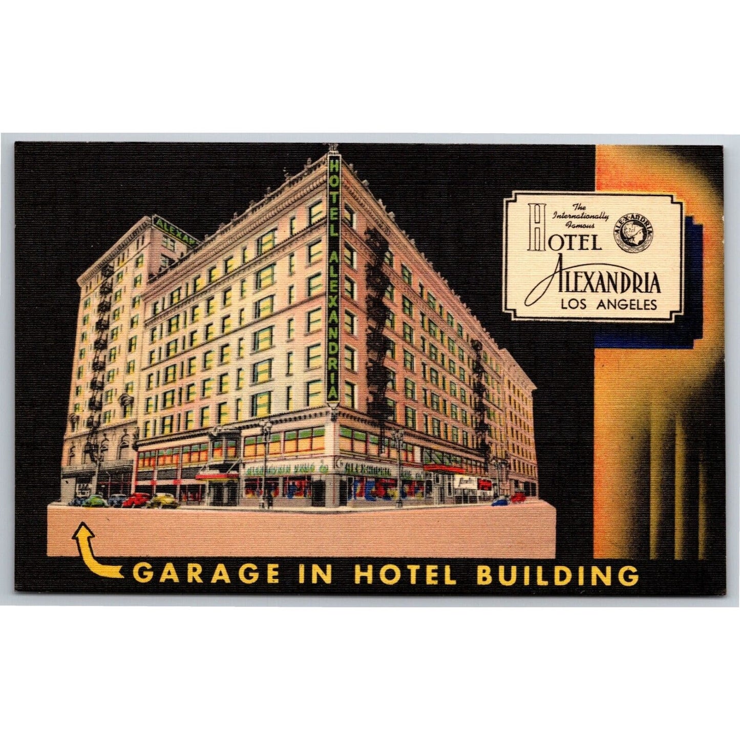 Los Angeles Alexandria Hotel Night / Garage Linen Postcard c1930's-40's VGC