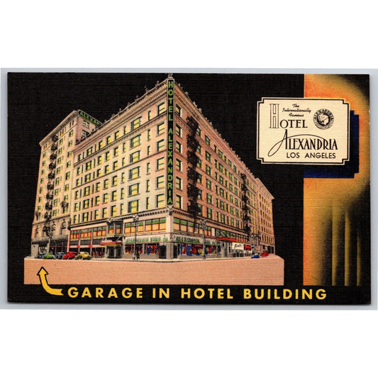 Los Angeles Alexandria Hotel Night / Garage Linen Postcard c1930's-40's VGC