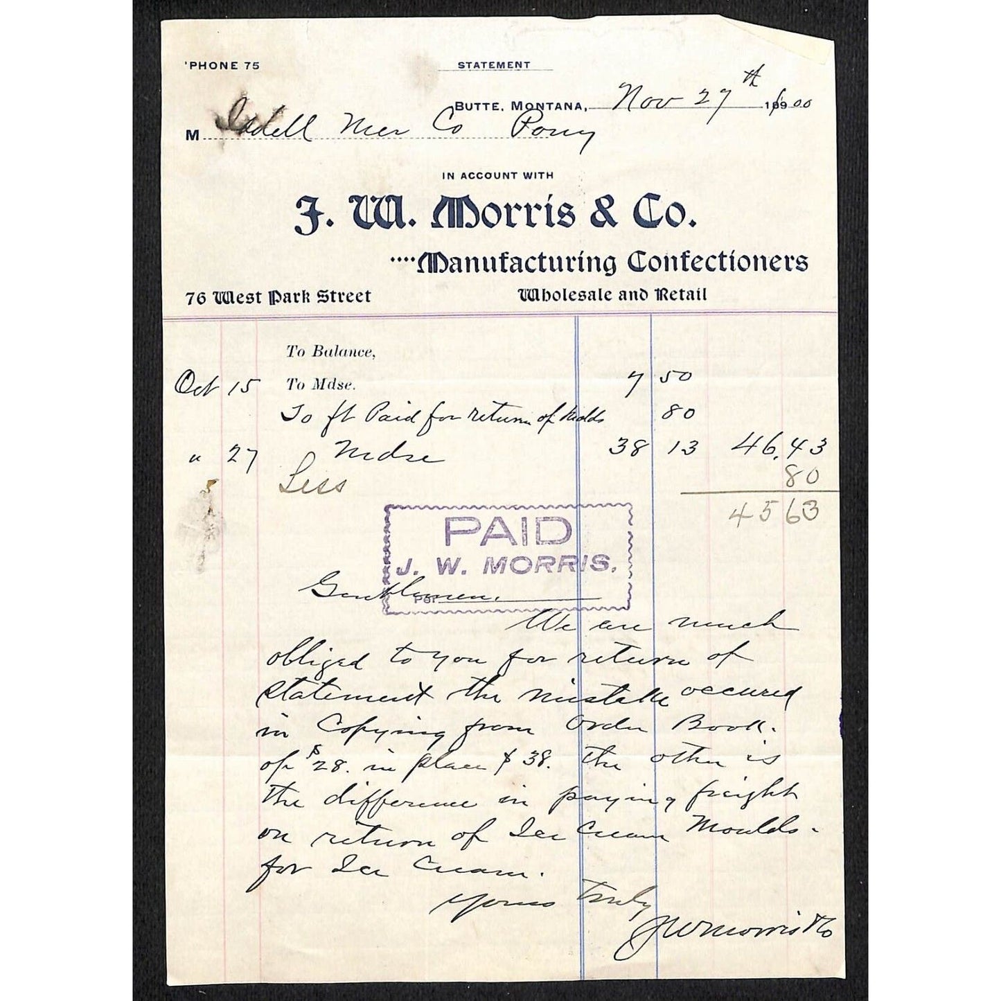 Butte, MT J.W. Morris & Co. Manufacturing Confectioners 1900 Billhead
