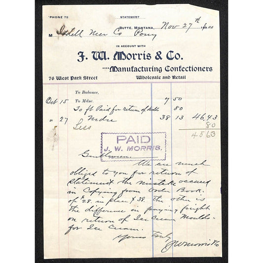 Butte, MT J.W. Morris & Co. Manufacturing Confectioners 1900 Billhead
