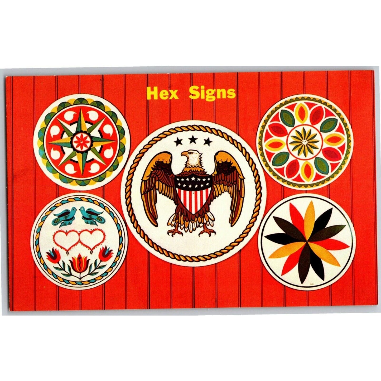 c1960's-70's Vintage Postcard Pennsylvania Dutch Hex Signs Flag Eagle VGC