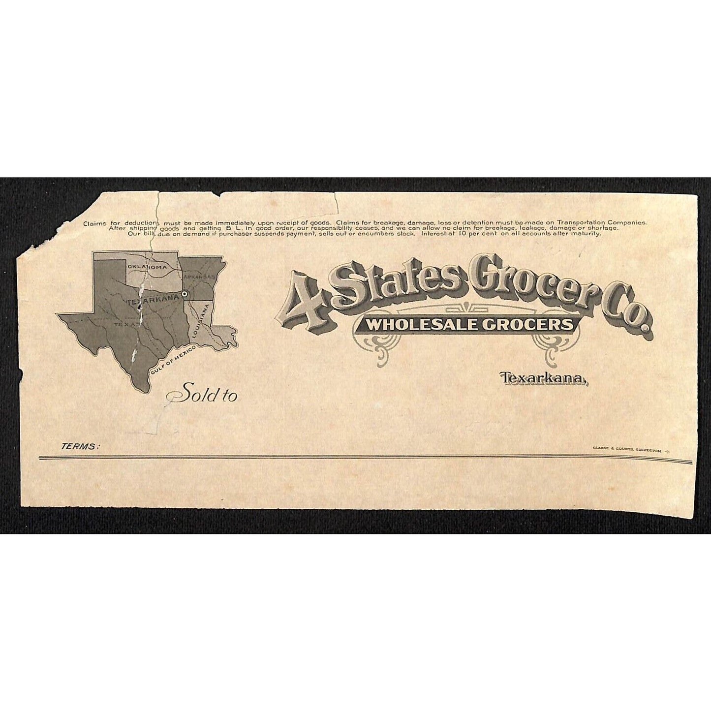 Texarkana "4 States Grocer Co." Letterhead c1920's Scarce