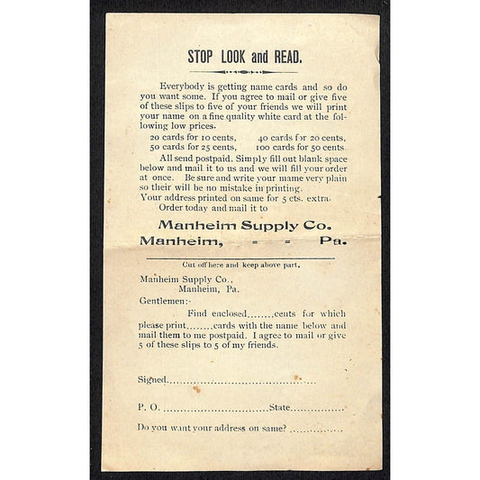 Manheim Supply Co. PA "Stop Look and Read" Chain Mail Name Card Offer Form c1929
