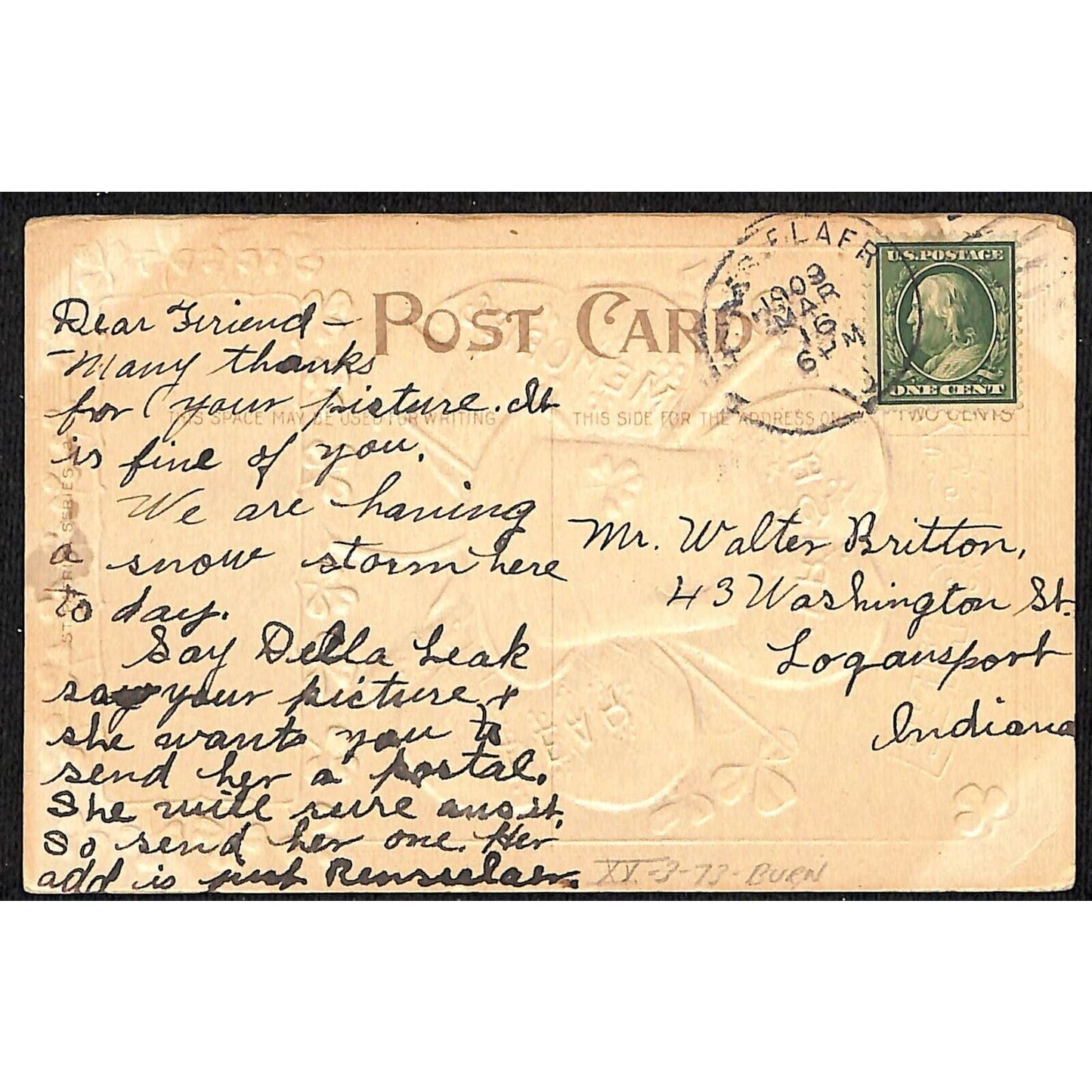 Ireland Postcard "Dear Irish Memories" Hat Pipe Gilt Clover Embossed PM 1909