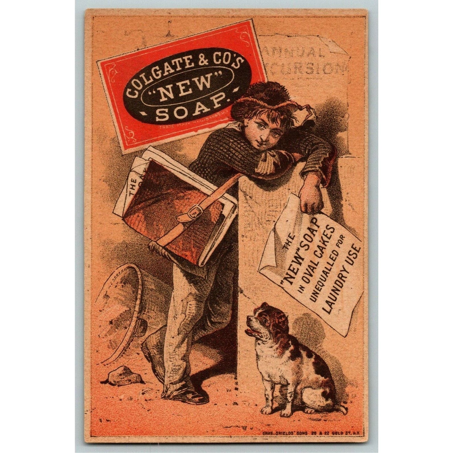 Colgate & Co's "New" Soap Advertising Trade Card - Tired Delivery Boy w/ Dog