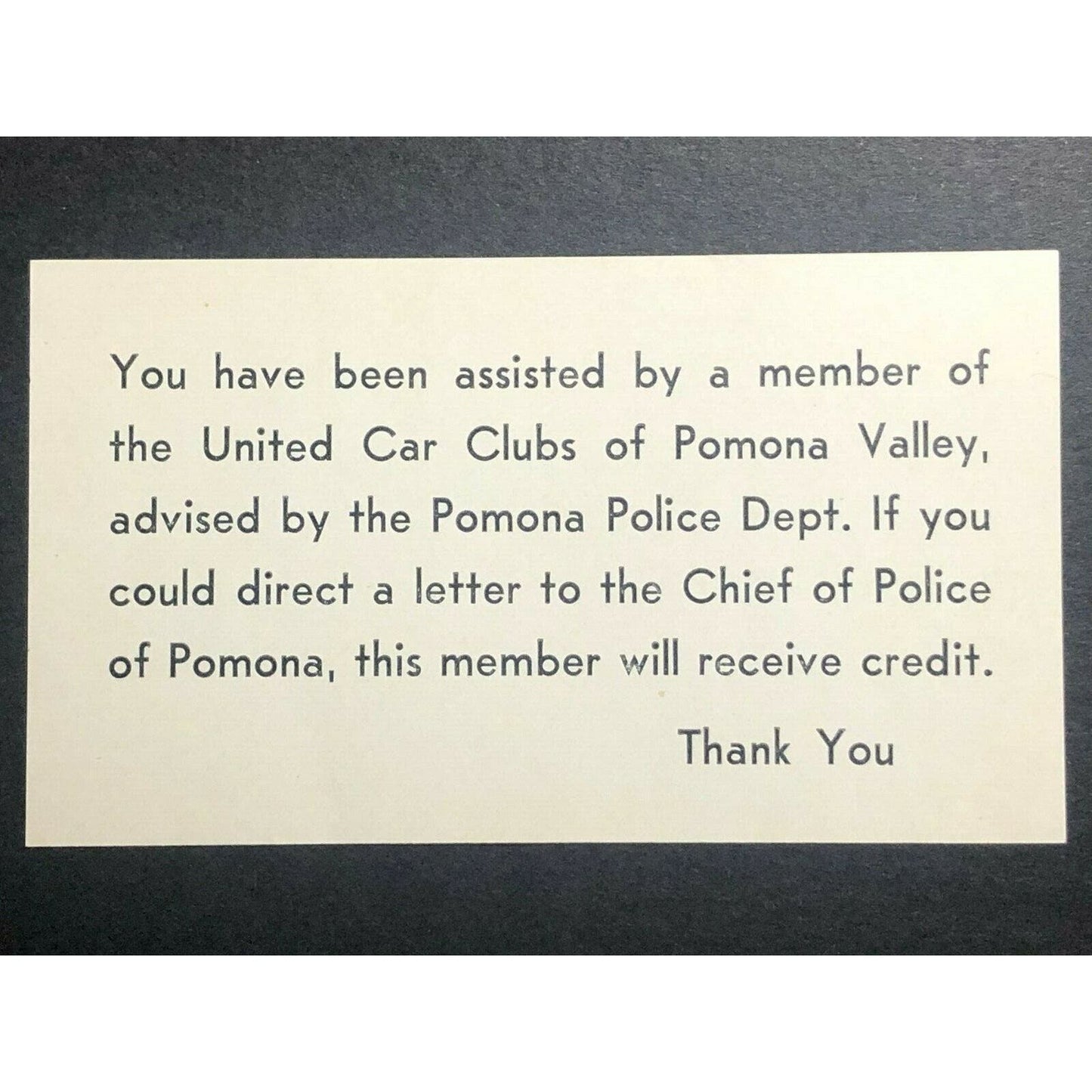 c1960's United Car Clubs of Pomona / Police Dept. Thank You Small Hand-Out