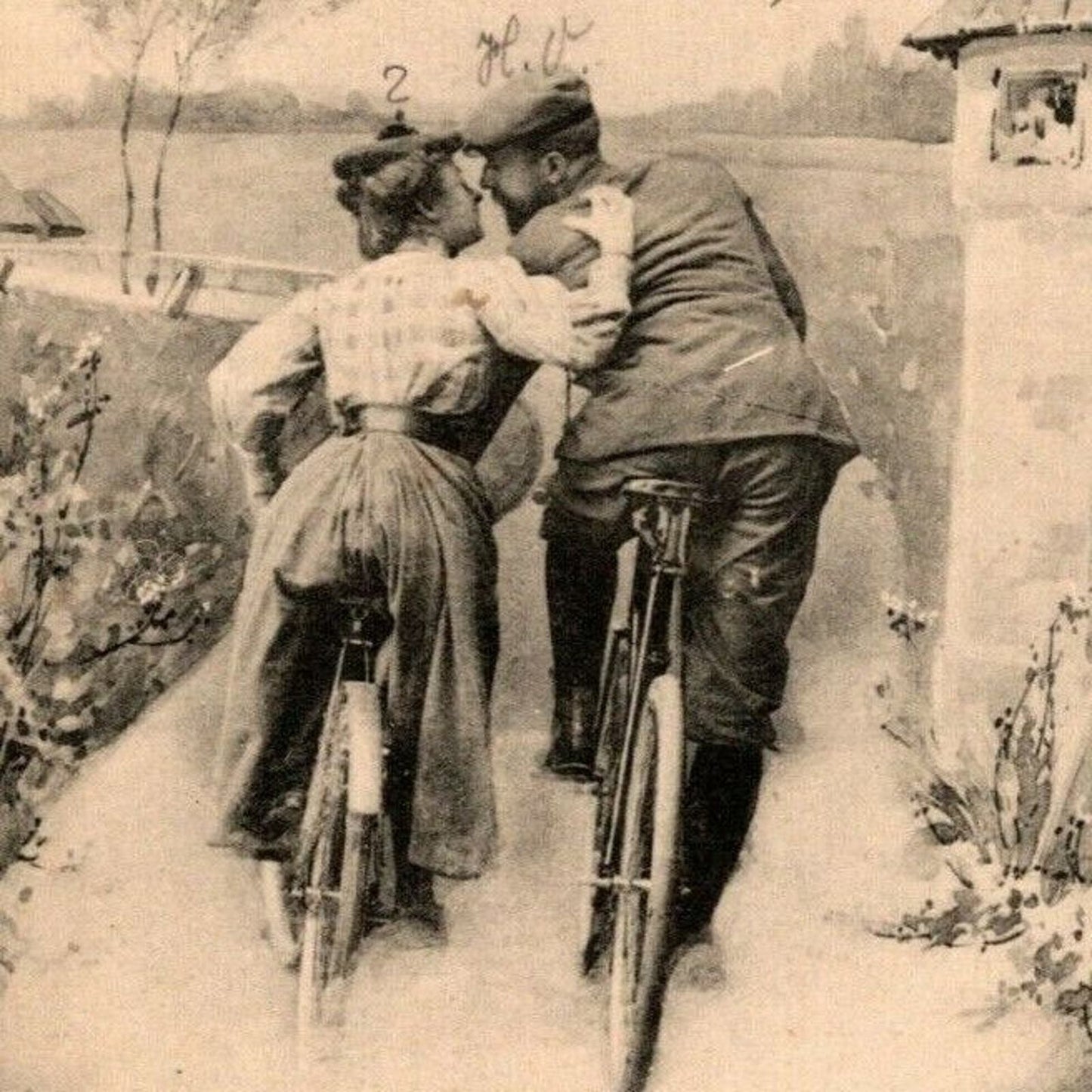 Vintage Romantic German Postcard c1900 Couple on Bicycles "An Liebdjen Seite"