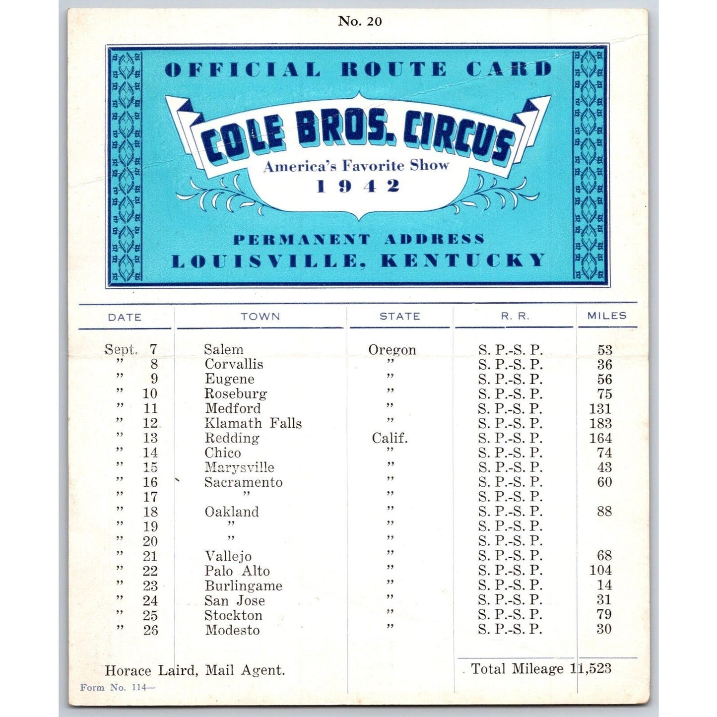 1942 Cole Bros Circus Route Card Oregon California