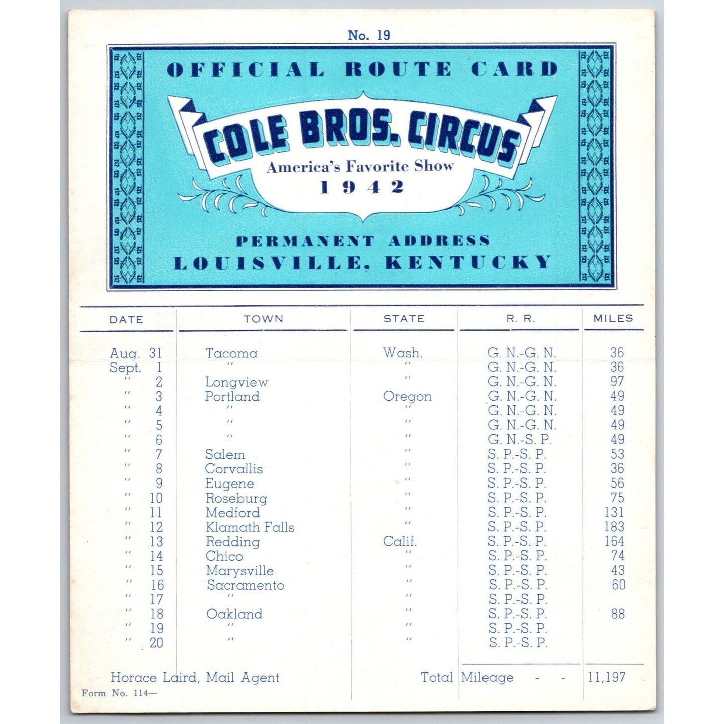 1942 Cole Bros Circus Route Card Oregon Washington State California