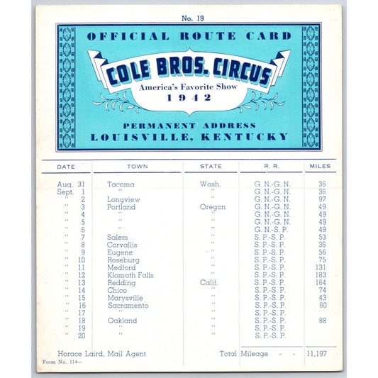 1942 Cole Bros Circus Route Card Oregon Washington State California