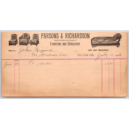 New York City Broadway Parsons & Richardson Furniture Upholstery 1902 Billhead